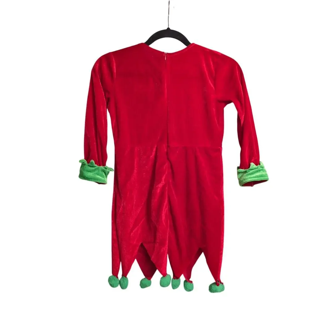 Girls Elf Costume Christmas Tunic Dress Belt Striped Socks Booties Hat 130 6-7